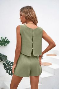 Summer Linen 2 Piece Set Women Outfit Back Button Up SleeDeless Tops Drawstring Shorts Set Casual Tracksuit 240423