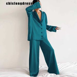 Calças de duas peças femininas Primavera verão Casual Casual Casa de duas peças Defesa fashionha camisa sólida calça de perna larga cetim duas peças conjunto Y240426