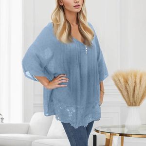 Blouses feminina Lady Lady Solid Cut Out Lace Chiffon camisa em V de três quartos de manga solta fit women tops prairie chic casual