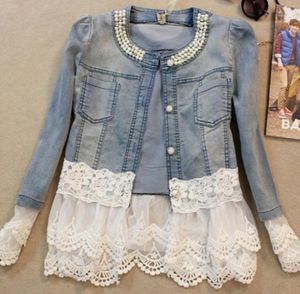 Cute Women039s Lace Coat With Pearl Beads Denim Jeans Jackets Outwear Female Crop Jacket Women Clothes11590028