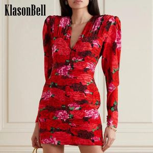 فساتين غير رسمية 12.18 Klasonbell الأنيقة زهرة طباعة Ruched v-neck حزمة نحيفة حزمة الورك طويلة اللباس