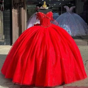 Red Glitter Pearls Beading Crystal Ball Gown Quinceanera Dresses Off The Shoulder Bow Corset Vestidos de 15 Anos