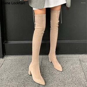 Stivali sexy alte donne 2024 inverno moda sopra il ginocchio botas mujer pompe in pelle scamosciata per calze zip tacchi