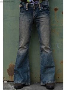 Men's Jeans Punk Stlye mens flannel bag jeans boots legs Distressed patches denim pants new designer bell bottom Trousseau autumn/winterL2404