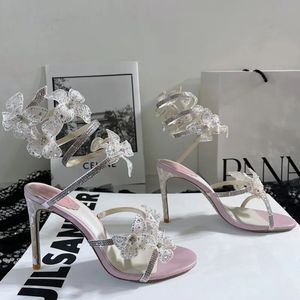 Fuşya Çiçek Sandalet Tasarımcıları Topuklu Serpantin 95mm Yüksek Topuklu Ayakkabı Kristal Rhinestone Dekorasyon Stiletto Topuk Seksi Praty Kadınlar Roma Sandal Kutu 0366