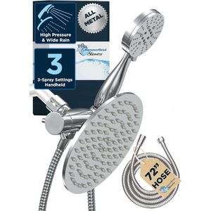 Luxury Chrome Dual Shower Head Combo - 8 tum Rainfall High Flow, 3 flödeshandhållen, högt tryck med slang, 6ft lyxig dubbeluppsättning