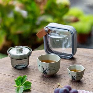 Conjuntos de teaware Planta cinzas pintadas à mão Cerâmica Viagem Conjunto de chá portátil Um pote de duas xícaras de xícara de borda quadrada