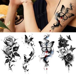 Trasferimento tatuaggio Black Flori Black Impermeabile Adesivo da tatuaggio temporaneo TATUALE BURAFFLA ROSE PER DONNE FLASH FLASH FLASH ARTE ARTE TATUAGGI FINOSI TATUAGNO 240427