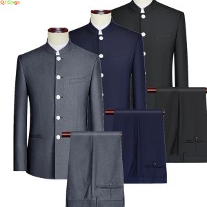 Jackets White Buttons Standup Collar Suit Twopiece Men's (Blazer Jacket + Pants) Chinese Style Men Zhongshan Suits Blue Gray Black 4XL