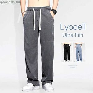 Men's Jeans Summer thin mens pocket jeans Lyocell fabric soft zipper casual pants elastic brushed mens straight denim Trousers blue grayL2404