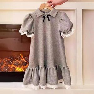 Girl Dresses Solid Grey Girl's Casual Dress Summer Bow Applique Lapel Short Bubble Sleeves Patchwork Pleated Hem Lace Knee Length