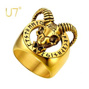 U7 Mens Gothic Punk Ring Gold Color Stainless Steel Viking Rune Symbol Goat Skull Ring Satanic Jewelry Gift Size 7-14 240424