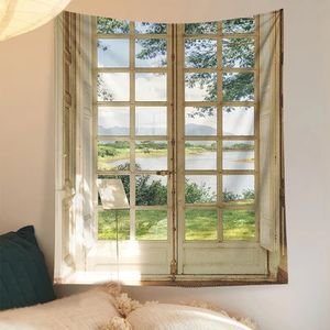 窓の風景タペストリーウォールハンギー自由ho放な北欧の家かわいい美的寝室装飾ティーンルーム装飾240415
