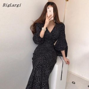 Sukienki imprezowe wiosna lato vintage elegancka elegancka polka kropka sukienka Korea moda długie rękawy Midi Women V-dół Slim Slim vestidos