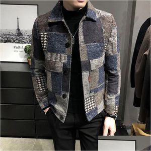 Herrjackor Mens Höst- och vintermode Casual Lapel Hoodless Jacket / Man Slim Plaid Woolen Coat 221122 Drop Delivery Apparel DH4XP