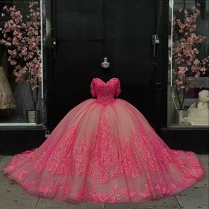 Rose Red Glitter Quinceanera Dress Off The Shoulder Ball Gown Lace Applique Beading Tull Corset Sweet 16 Vestido De 15 Anos