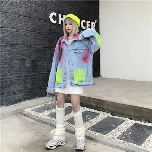 Casual Dresses 2024 Style Real S in Spring Spot Color American Fried Spray Paint Graffiti Loose Korean Denim Jacket