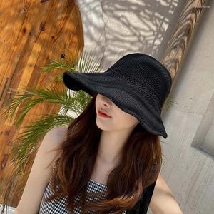 Wide Brim Hats Summer Woman Crochet Sun Visor Handmade Sunscreen Straw Hat Cap Empty Top Bowknot