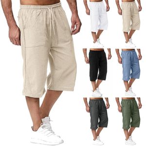 Verão masculino shorts casuais algodão misturado cintura elástica longa de bolso solto empurring 3/4 shorts de comprimento diariamente desgaste de rua 240419