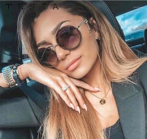 Óculos de sol Brand Round Rimless Women Mulheres luxuosas Tons femininos Sexy Circle Sun Glasses com corrente feminino elegant14411767