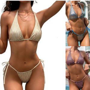 New Bikini Frauen geteiltem Körper Badeanzug mit Gold und Silber Seidenstoff Schnürung Badeanzug