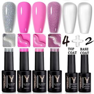 Yokefellow 6pcs Gelnagellack Pastell Pink Pink Glitter Gelnagellack Set mit Decklack und Basis -Mantel UV -Nagelgel Politur 240425