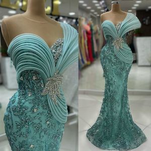2024 Mint Prom Dresses for Black Women Sheer Neck Illusion Beaded Lace Rhinestones Decorated Birthday Party Dress Second Reception Gowns Engagement Gown AM779