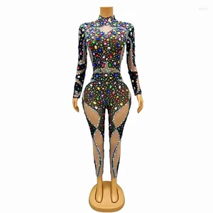 Scene Wear Women Long Jumpsuit Mesh Transparenta Crystals Rhinestones Colorful Party Nightclub Bar Sexig mode BLING ELASTIC COSTUMES