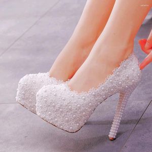 Dress Shoes 2024 Women White Lace Sexy High Heels Wedding Sweet Pearl Large Size Stiletto Platform 14WL