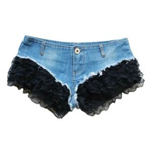 Kvinnors shorts 2022 Nya nattklubbar Kvinnor Sexig ultra låg midja denim Jeans Lace Sparcing Shorts DJ Pole Dance Y240425