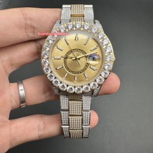 MÄNS ICED OUT DIAMOND WACK PRONG SET DIAMOND BEZEL FULL-DIAMOND POPUler Shiny Watch 2tone Gold rostfritt stål Fodral Automatisk Movemeng 43mm