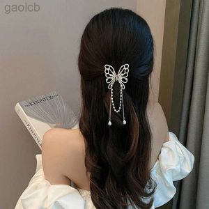 Hårklämmor Barrettes Vintage Butterfly Pearl Tassel Hair Claw Clip Women Korean Style Rhinestone Crab Shark Ponytail Hairpins Hårtillbehör Kvinna 240426