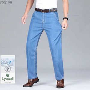 Herr jeans lyocell is silk sommar tunna jeans mens klassisk hög midja klänning lös rak denim byxa affärer casual rök grå bantersl2404