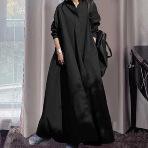 Basic Casual Dresses Women Dress Vintage Long Sleeve Loose Sundress Casual V-Neck Long Maxi Dress Kaftan Femme Solid Party Vestido Robe Streetwear