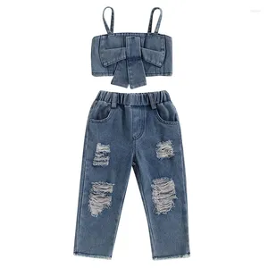 Kläder sätter pudcoco barn baby flickor sommarkläder bowknot ärmlös denim cami toppar och rippade byxor jeans 2st kläder set 1-6t