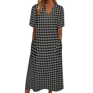 Casual Dresses Black Plaid Print Dress Summer White Lines Estetic Boho Beach Long Women Maxi Birthday Present