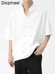 Mäns casual skjortor mode kinesiska kort ärm män 2024 personlighet fast färg trendig manlig stativ krage fashionabla skjorta