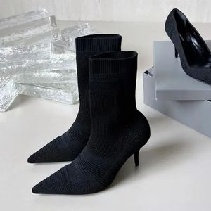 Brand cuffs ribbed socks, heel ankle boots, elastic knit black leather lace up bicycle boots, women's luxury designer shoes, factory shoes 8.5cm 02563