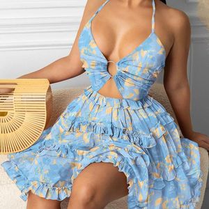 Sommer Frauen elegante sexy Brust verpackte gedruckte ärmellose Hosenteilkleid