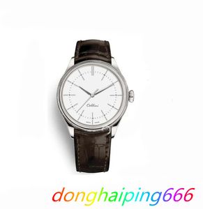 Hot Mens Watches Cellini 50505 Série Silver Mechanical Watch Leatra Brown Strap Dial Branco Homens Automático Assiste Male Wristwatches 01