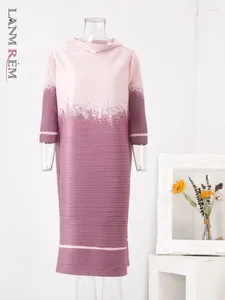 Повседневные платья Lanmrem Color Block Print Print Plotsed Женщины с длинными рукавами рассыпаются A-Line Mid Dlonge 2024 Одежда WJA11605