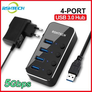 RSHTECH USB 3.0 Hub Splitter 4 Ports Aluminum 5Gbps USB Data Hub Expander with Individual On/Off Switch for Macbook Laptops 240418