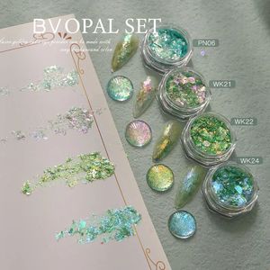 Hndo yeşil renk 4 adet set opal toz parıltılı tırnak sanatı dekorasyon pulları manikür tasarımı için yanardöner pigment tozu 240415