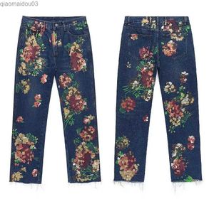 Męskie dżinsy ręcznie malowane kwiatowe dżinsy dla mężczyzn proste duże retro swobodne dżinsowe spodnie luźne i rozdarte dżinsy Y2KL2404