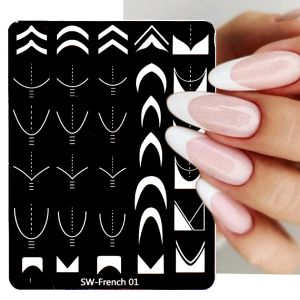 Art French Nail Art Stamping Plate Disegno Disegno Modello geometrico Linea a strisce Floro Love Lace 3D Strumento di stampa stampo stencil stampello besw