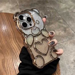 Случаи по сотовым телефонам роскошные 3D Love Heart Bear Bearparent Gradient Case для iPhone 15 12 13 14 Promax Объекционирование Shockabsorbing Silicone Back Back Cov J240426