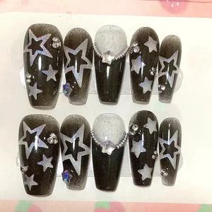 Handgjorda Shine Stars Y2K Press On Nails Glitter Rhinestone Fake Nail With Lime Reusable Short Coffin Stiletto False Nails Tips 240425