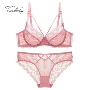 Socks Varsbaby Sexy Plus Size Size Floral Lace Unlined Underwear DeepV Hollow 3/4 Cup Underwire Abcde Cup Bra Set