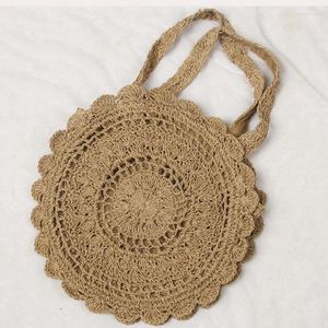 DrawString Summer Woven Axel Bag Woman Beach Circular Straw Sticking Handmiterad stor kapacitet Shopper Handväska Travel Kvinnor