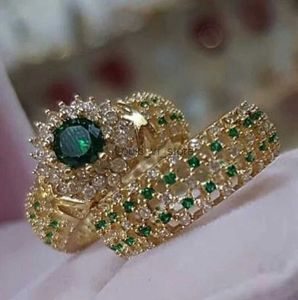 Band Rings Exquisite Gold Color Hip Hop for Women Fashion Inlaid Zircon Green Stones Wedding Set Bridal Engagement Jewelry H240425